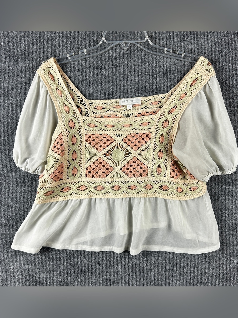 Rebellion Again Crochet Patchwork Chiffon Peasant Top Size XL Boho Blouse